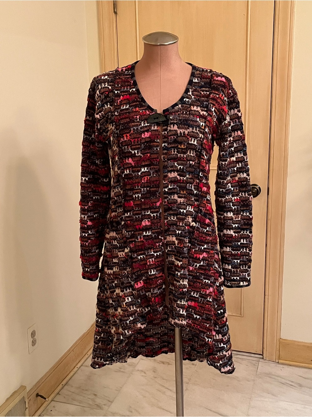 HAND JIVE Artsy Lagenlook 1 Button Multi Yarn Chunky 2 Pocket Hi-Lo Cardigan XS